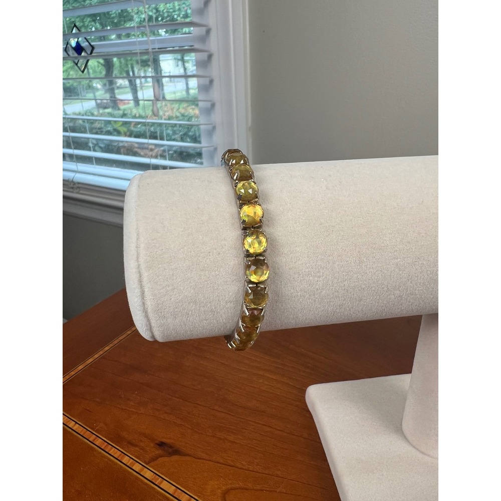 Vintage Yellow Crystal Stretch Tennis Bracelet Silver Tone Citrine Color Round